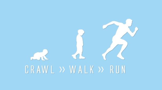 Crawl, Walk, and Run icons with blue background